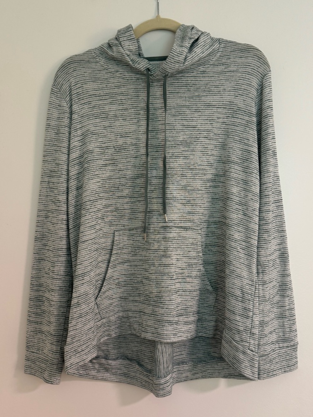 Market & Spruce Striped Hooded Pullover | Soft Knit Gray Green Hoodie L
